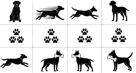 Set of black dog silhouettes in various poses including running jumping and sitting with paw print icons and bone illustrations © Ahsan