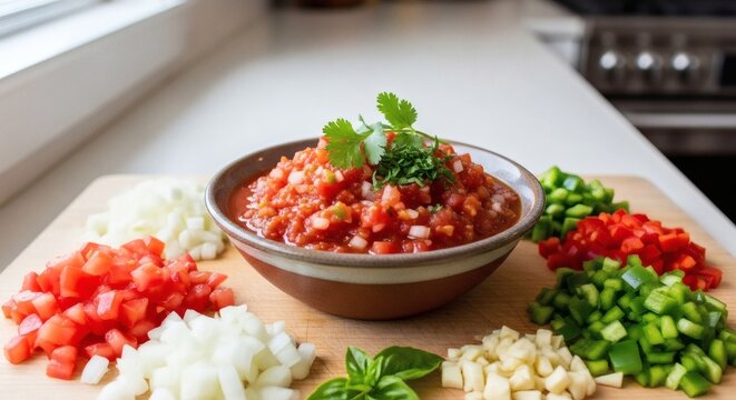Fresh homemade sofrito sauce in bowl with raw vegetables and herbs on wooden cutting board in kitchen perfect for National Sofrito Day