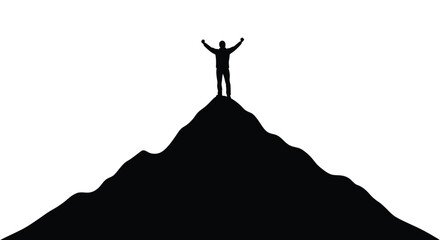 A person stands triumphantly atop a mountain peak silhouette © MD