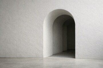 Fototapeta premium Minimal White Architectural Archway Interior with Thick Wall Structure, Soft Light and Deep Copy Space