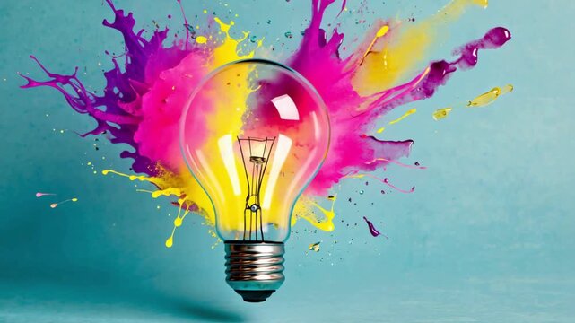 Lightbulb explodes with vibrant yellow and magenta paint splashes against a light cyan background representing a sudden burst of creative innovation and ideas.