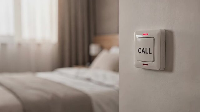 Closeup of a wallmounted call button in a bedroom setting the button in crisp focus while the soft bed and curtains blur behind emphasizing discreet emergency alerting.