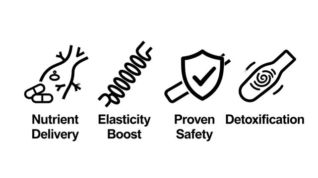 Nutrients delivery and elasticity enhancement icons, nutrition delivery, elasticity enhancement, safety certification, and body detoxification, suitable for health maintenance scenarios.
