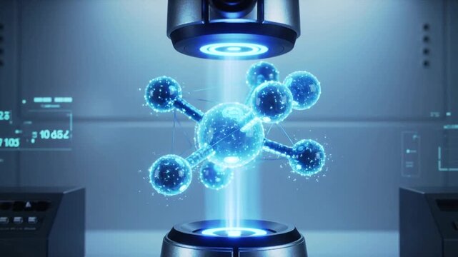A quantum biosensor scans the atomic structure of a protein, probability waves collapse into a 3D model. A concept of futuristic science