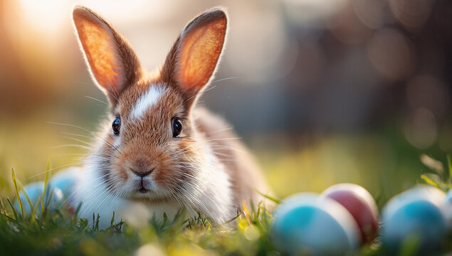 Niedlicher Osterhase mit bunten Ostereiern auf Fr&uuml;hlingswiese &ndash; s&uuml;&szlig;es Kaninchen im warmen Sonnenlicht, Natur, Fr&uuml;hling und Osterstimmung