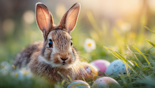 Niedlicher Osterhase mit bunten Ostereiern auf Fr&uuml;hlingswiese &ndash; s&uuml;&szlig;es Kaninchen im warmen Sonnenlicht, Natur, Fr&uuml;hling und Osterstimmung