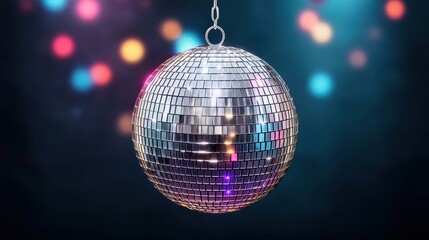 Obraz premium Captivating Close-Up of a Silver Disco Ball with Sparkling Reflections Against a Colorful Background