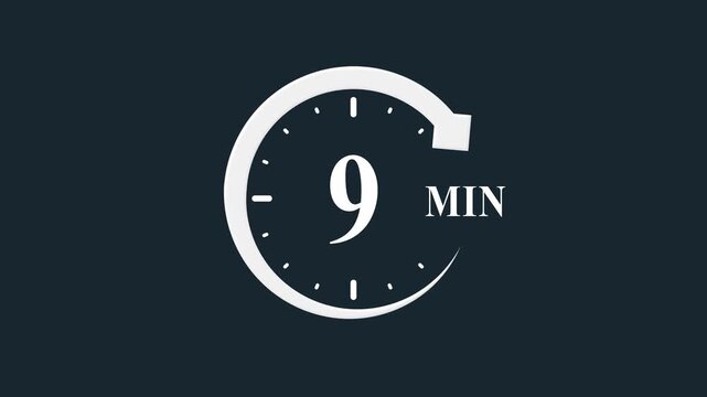 Timer Nine Minutes Countdown Clock White Silhouette on Dark Background 9 minutes