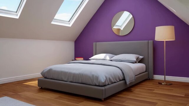 Modern bedroom interior with skylights and purple accent wall design showcasing minimalist decor and natural light for relaxing space,highquality architectural visualization