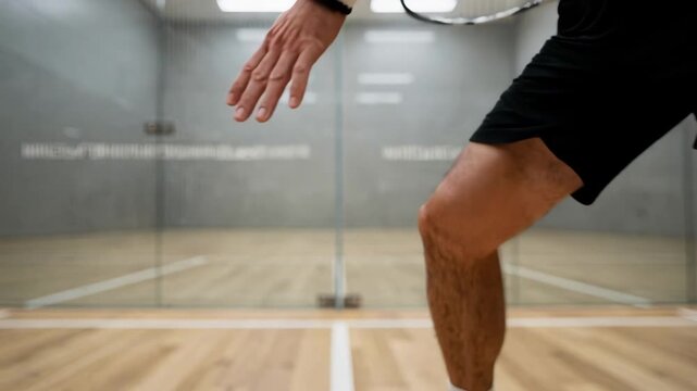 Medium shot of a glassback squash court with sharp focus on the racquet hitting the ball background walls and lines softly blurred for dynamic indoor sports planning.