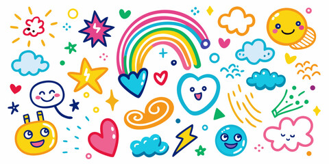 Fototapeta premium Vibrant and whimsical illustrations of hearts, stars, and clouds in a playful and colorful design Vector