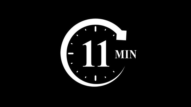 Countdown timer set to eleven minutes on black background with white clock and text 11 minutes white on black