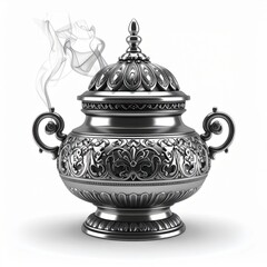Ornate Silver Incense Burner with Swirling Smoke Against a White Background