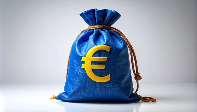 "Blue drawstring bag with yellow euro symbol, tied with cord, representing wealth and finance."