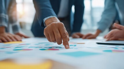 Fototapeta premium People Collaborating in a Business Meeting, Analyzing Charts and Data on a Table in an Office Environment