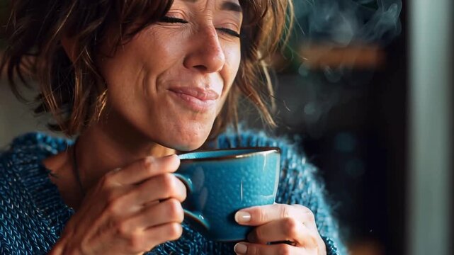 natural looking woman smiling and drinking coffee in the morning wearing blue clothes 