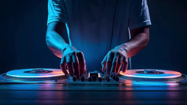 dj hands working and  playing music in a club with color lights 