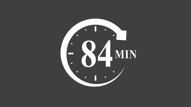 White 84 minute timer on dark background clock symbol with 84 minutes text label white clock dark background