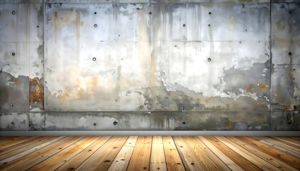 Interior shot a rustic concrete wall with peeling paint and a polished wooden floor creates a warm, industrial setting
