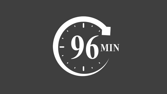 Timer 96 minutes clock animation white on dark background countdown stopwatch
