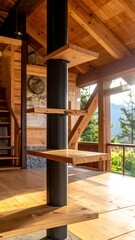 Interior shot of wooden frame house with a central, black, metal staircase post with floating wooden steps