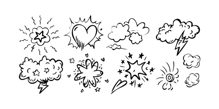 Various cartoon-style sound effect symbols and icons in black and white. Vector
