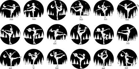Collection of Figure Skating Silhouettes with Ice Skaters Performing Elegant Moves and Spins in Front of a Moonlit Forest Night © Ahsan