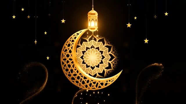 Ilustrasi artistik bulan sabit emas dengan ornamen Islami dan lentera bercahaya di latar belakang langit malam bertabur bintang.
