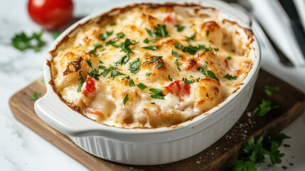 Creamy Baked Pasta Dish with Mozzarella and Parmesan Cheese Served in White Ceramic Casserole Dish on Wooden Board.