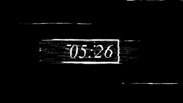 Futuristic HUD countdown 10 to 0 with glitch effect. Glowing white digital timer on black background. 4K stock footage with alpha channel for video overlays and tech intros.