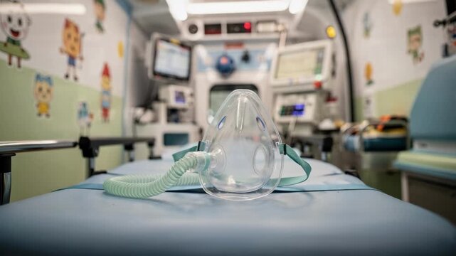 Medium shot of pediatricready ambulance interior featuring colorful childfriendly equipment with a focused small oxygen mask and blurred background medical tools.