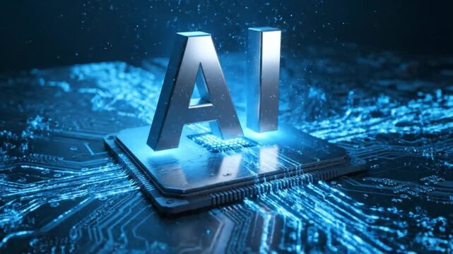 Artificial Intelligence AI Chip on Futuristic Circuit Board, Advanced Machine Learning Processor Concept for High Tech Computing, Data Processing and Digital Innovation