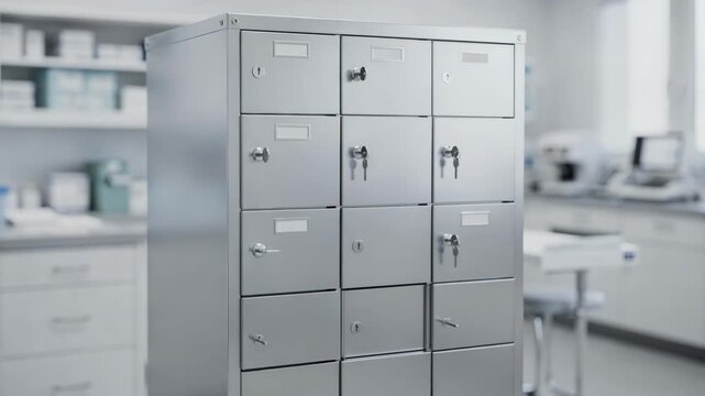 Sharp focus on a tall cabinet with multiple lockable compartments contrasting with outoffocus clinical workspace around it.