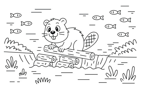 A cartoon beaver building a dam in a river with fish swimming around it