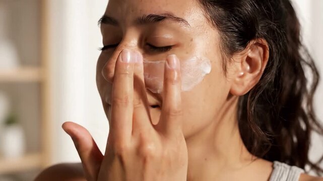 Young woman applying sunblock on her face with a smile indoors  