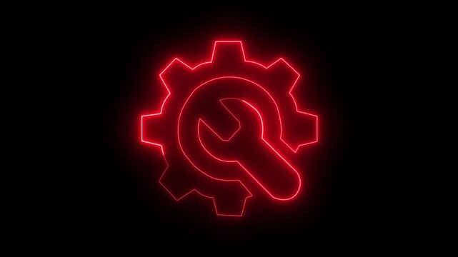 Gear wrench red neon glowing and bar graph icon symbolizing engineering mechanics data analysis.4k video