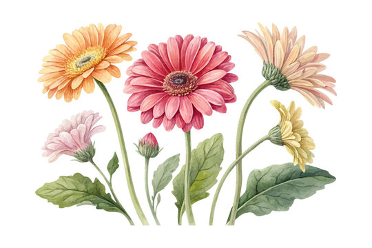Watercolor Gerbera Daisy Flower Clipart, Colorful Botanical Artwork, vector illustration isolated on white background