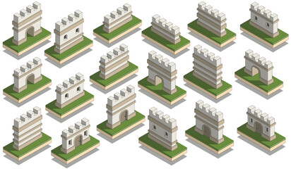 A set of medium length castle walls. Isometric. Isolated on white background. Vector illustration. © caryblade