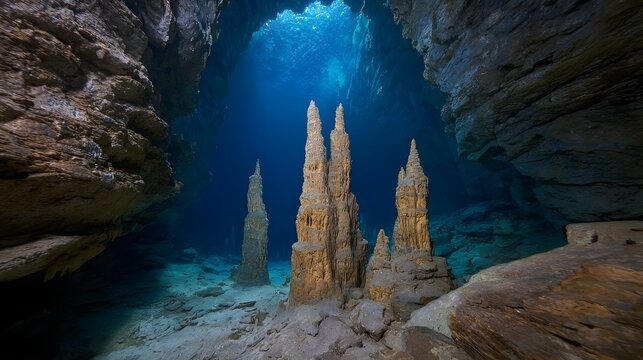 Towering underwater stalagmites rise from the rocky floor of a deep blue subterranean cavern illuminated by gentle light