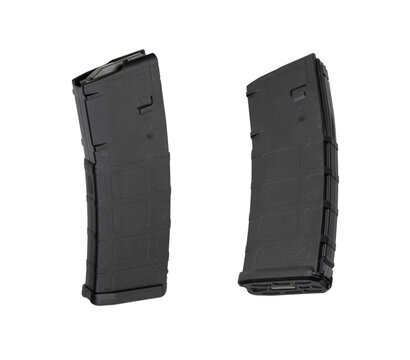 Two black polymer rifle magazines shown at different angles on a white back
