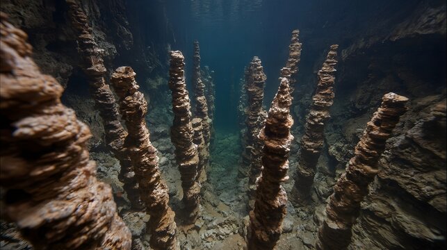 Underwater stalagmites forming intricate patterns within a submerged sea cave