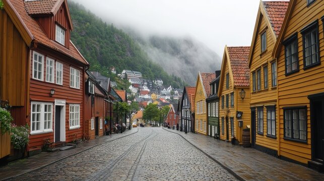 Charming cobblestone street view of colorful historic wooden houses in Bergen, Norway, bathed in soft morning light.