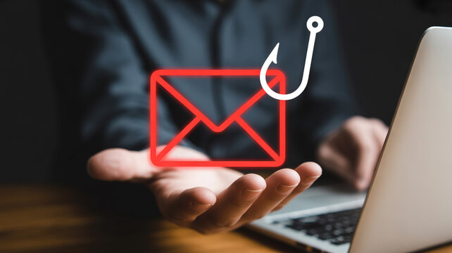 Hand presenting a red email icon with a fishing hook, suggesting phishing or scam open palm