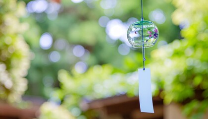 木漏れ日の背景　華の模様のガラスの風鈴のイメージ画像