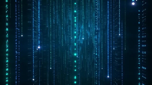 Digital rain of binary code falling down a dark screen.