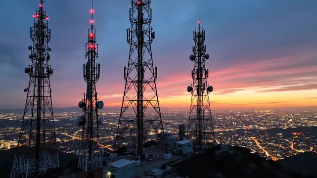 Telecommunication towers on mountain peak overlooking city at sunset