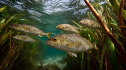Fototapeta premium A school of small fish swims through lush green seagrass in clear sunlit turquoise underwater environment