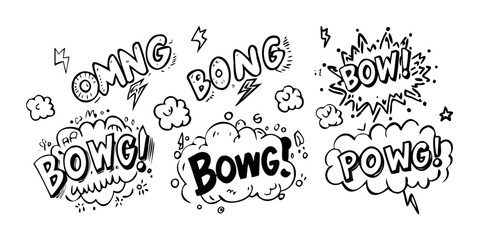 A dynamic and energetic display of various comic book sound effects in black and white Vector © rabby
