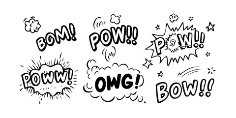 A black and white illustration of various comic book sound effect words. Vector © rabby