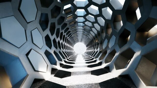 The camera moves through a futuristic tunnel with hexagonal honeycomb patterns on the walls toward a bright white light at the end of the corridor